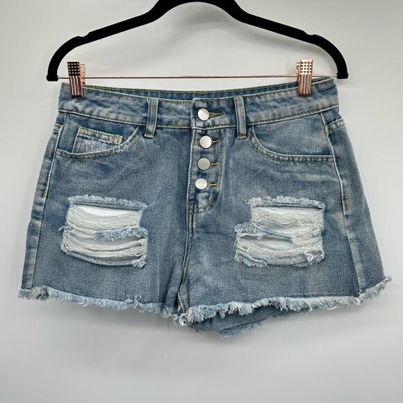 Shein Button Fly Distressed Ripped Holes Jean Shorts Size 28 - Picture 1 of 3